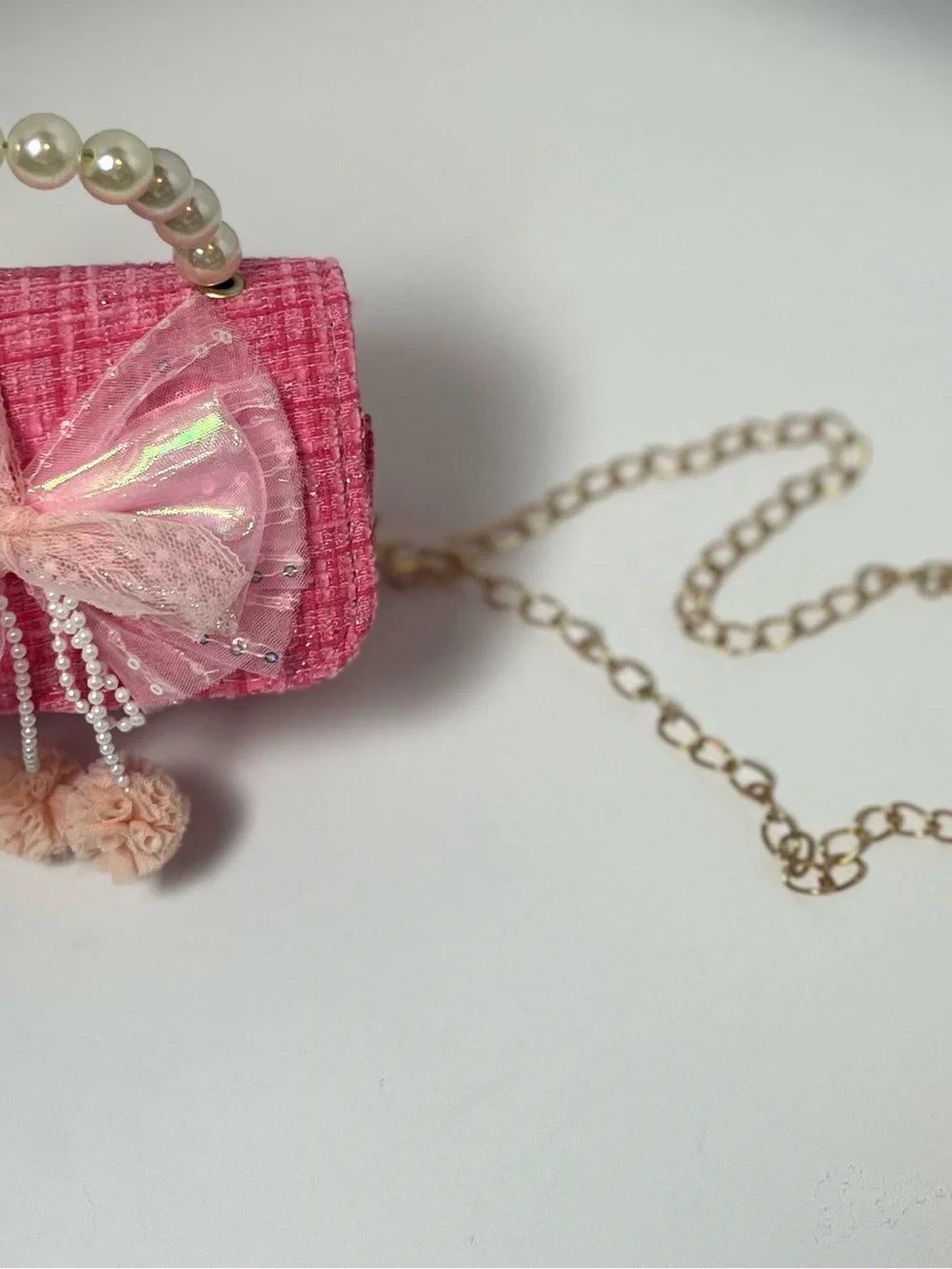 NWOT Girls Pink Tweed Pearl Handle Bow Mini Crossbody Purse